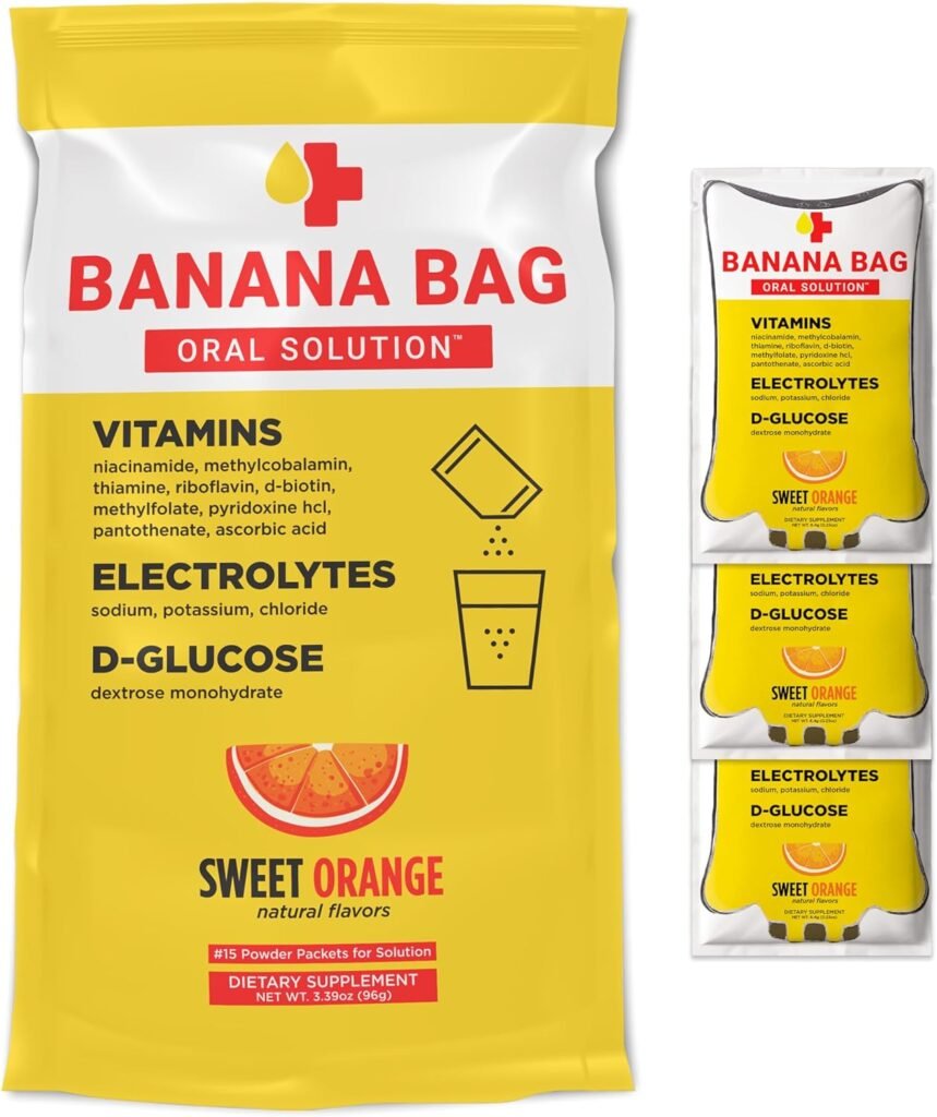 Banana Bag Oral Solution - Pharmacist Hydration Recovery Formula - Electrolyte  Vitamin Powder Packet Drink Mix - Sweet Orange - Pack of 15