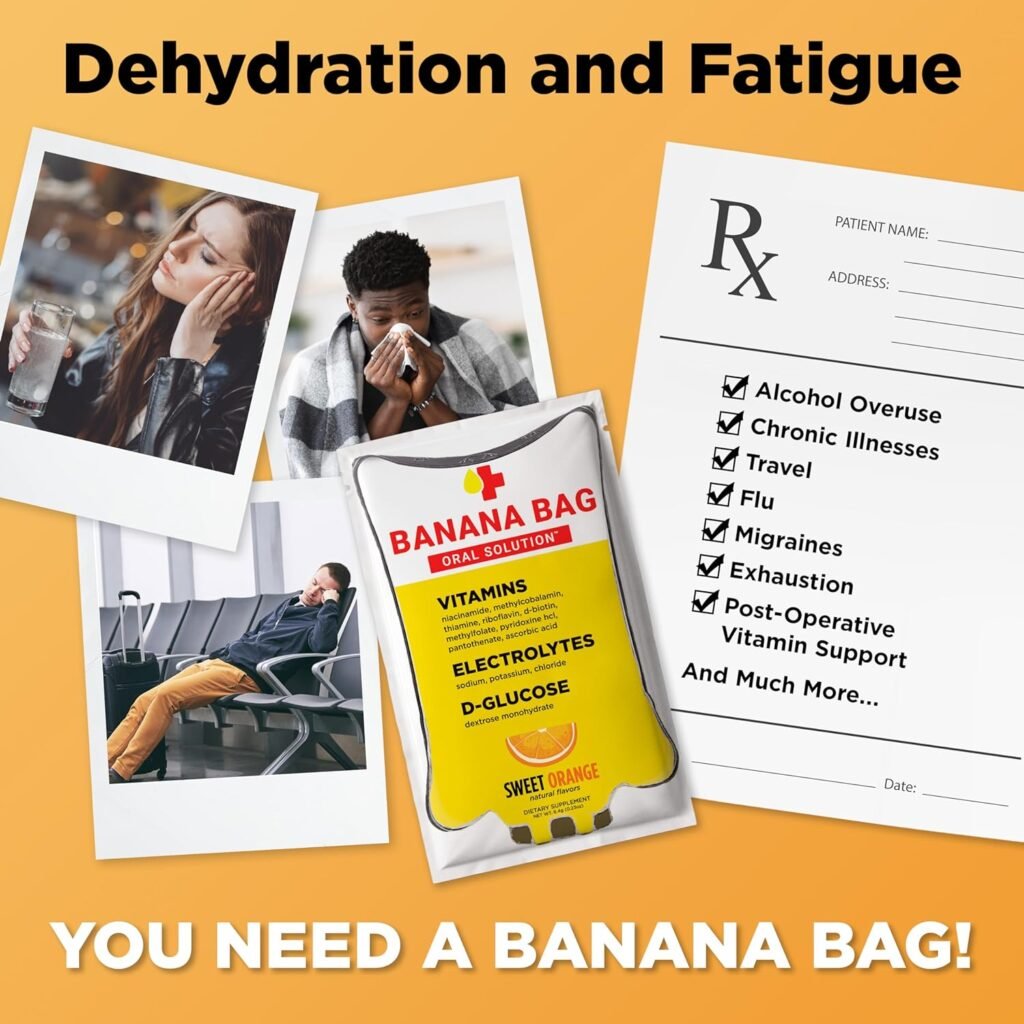 Banana Bag Oral Solution - Pharmacist Hydration Recovery Formula - Electrolyte  Vitamin Powder Packet Drink Mix - Sweet Orange - Pack of 15