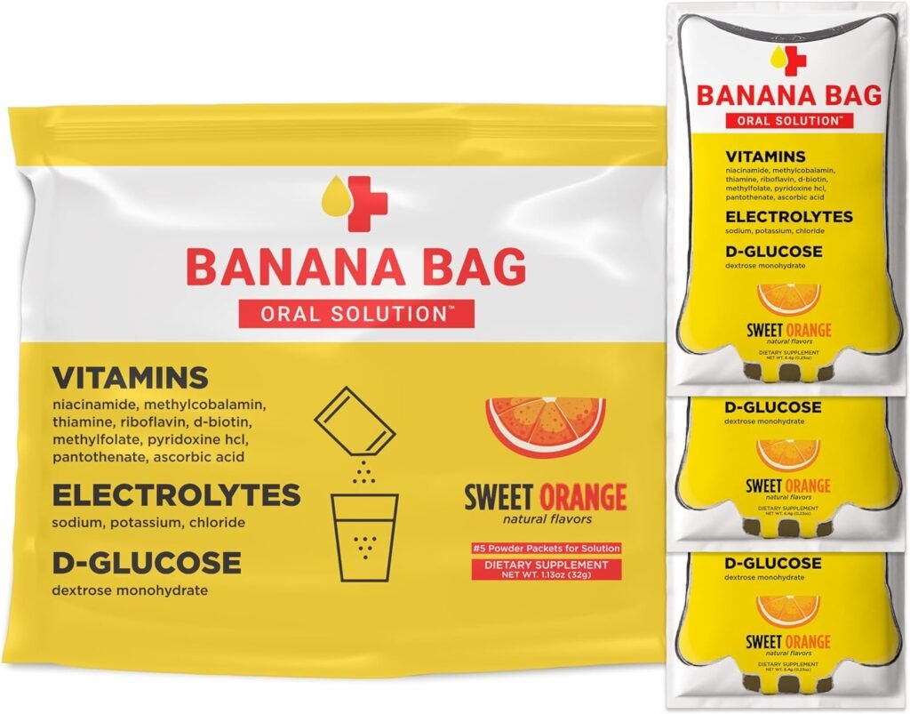 Banana Bag Oral Solution - Pharmacist Hydration Recovery Formula - Electrolyte  Vitamin Powder Packet Drink Mix - Sweet Orange - Pack of 15