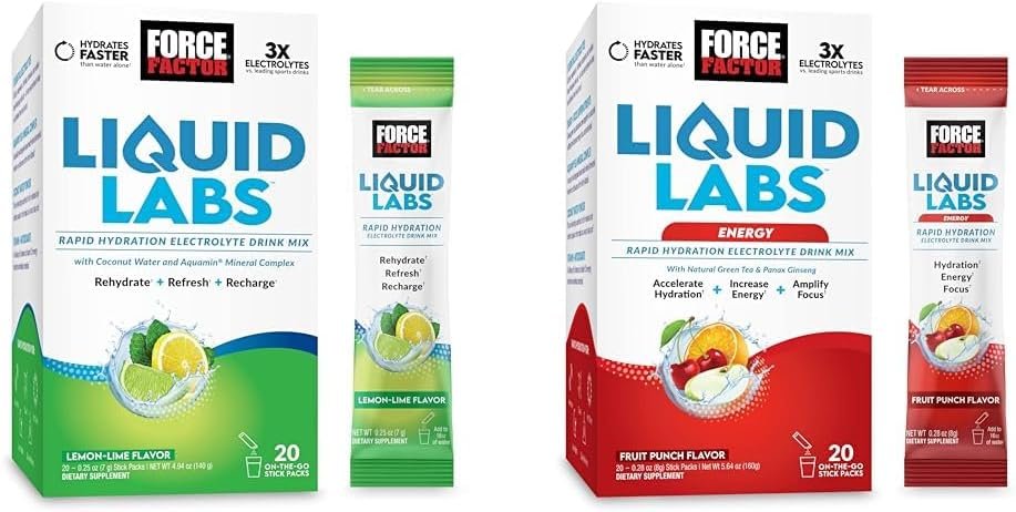 Bundle of FORCE FACTOR Liquid Labs Electrolytes Powder, Hydration Packets to Make Electrolyte Water with 5 Vitamins, Minerals, and Antioxidants, Lemon-Lime + Energy Fruit Punch Flavor, 40 Stick Packs