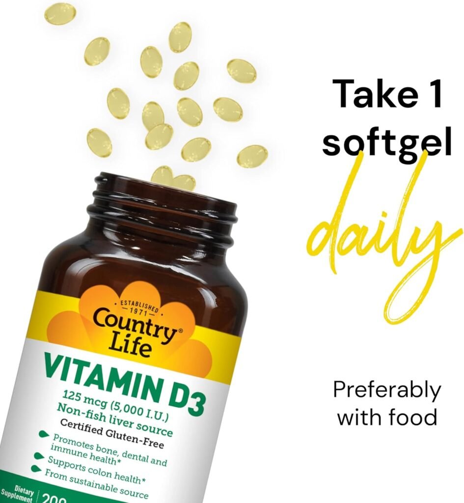 Country Life, Vitamin D3 5000 IU, Supports Healthy Bones, Teeth and Immune System, Daily Supplement, 200 ct