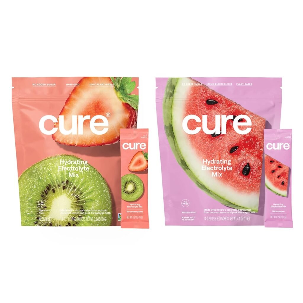 Cure Hydrating Electrolyte Mix | Electrolyte Powder for Dehydration Relief and Energy | Made with Coconut Water | No Added Sugar | Vegan | Paleo Friendly | Watermelon + Strawberry Kiwi | 28 Packets