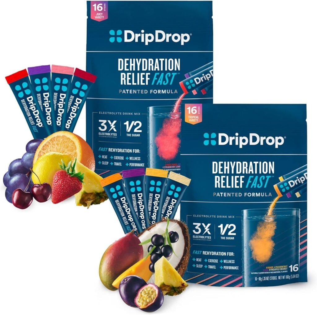 DripDrop Hydration - Electrolyte Powder Packets - Pineapple Coconut, Mango, Acai, Passion Fruit, Grape, Fruit Punch, Strawberry Lemonade, Cherry - 32 Count