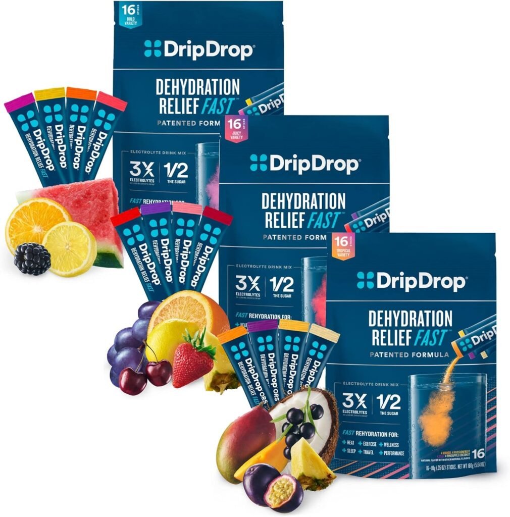 DripDrop Hydration - Electrolyte Powder Packets - Pineapple Coconut, Mango, Acai, Passion Fruit, Watermelon, Berry, Lemon, Orange, Fruit Punch, Grape, Strawberry Lemonade, Cherry - 48 Count