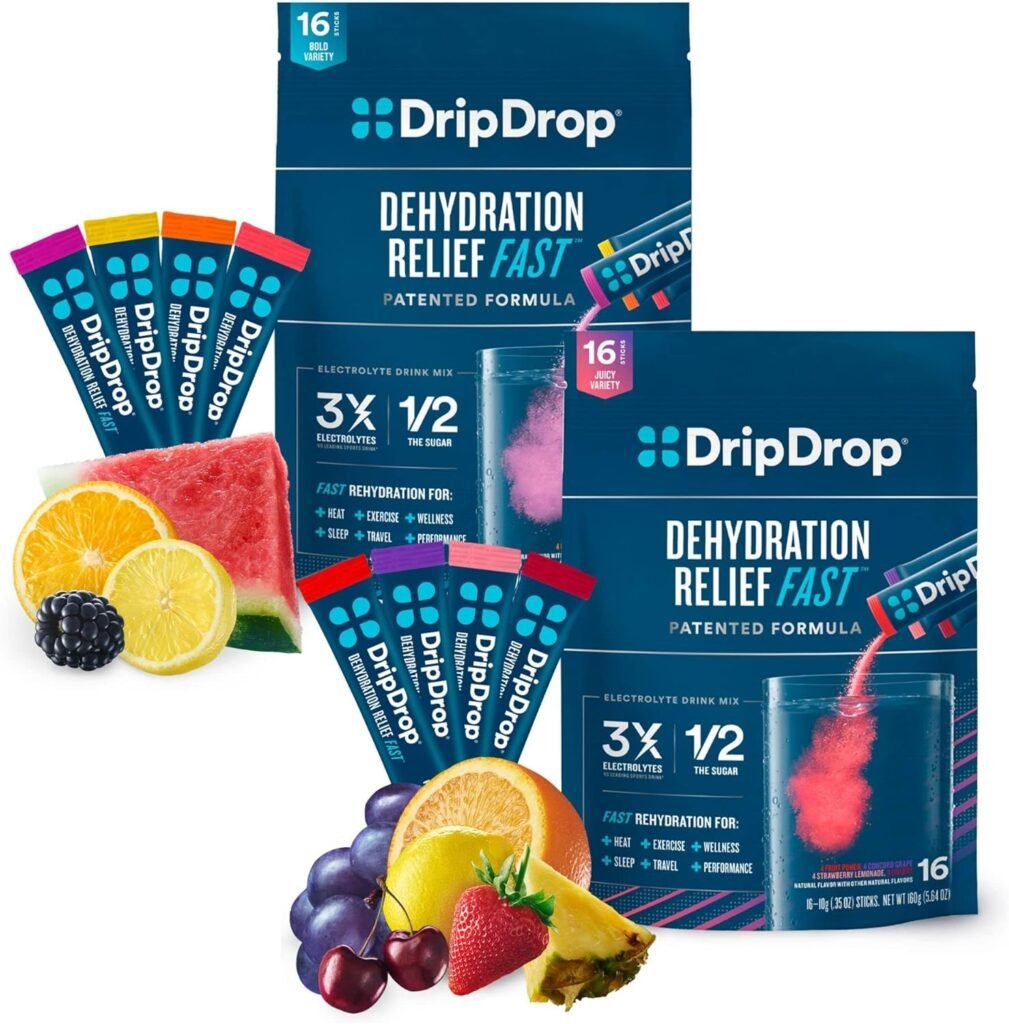 DripDrop Hydration - Electrolyte Powder Packets - Watermelon, Berry, Lemon, Orange, Fruit Punch, Grape, Strawberry Lemonade, Cherry - 32 Count