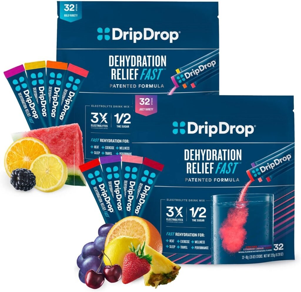 DripDrop Hydration - Electrolyte Powder Packets - Watermelon, Berry, Lemon, Orange, Fruit Punch, Grape, Strawberry Lemonade, Cherry - 64 Count