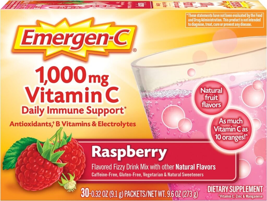 Emergen-C 1000mg Vitamin C Powder, with Antioxidants, B Vitamins and Electrolytes, Supplements for Immune Support, Caffeine Free Fizzy Drink Mix, Raspberry Flavor - 30 Count/1 Month Supply