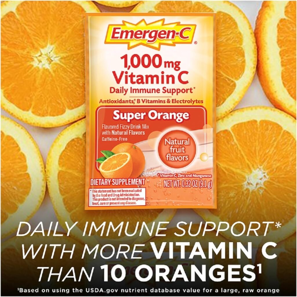 Emergen-C 1000mg Vitamin C Powder, with Antioxidants, B Vitamins and Electrolytes, Supplements for Immune Support, Caffeine Free Fizzy Drink Mix, Raspberry Flavor - 30 Count/1 Month Supply