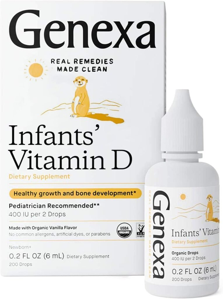 Genexa Infants Vitamin D Liquid Drops for Baby  Toddler | USDA Organic Vitamin D3 for Newborn | Immune Support  Bone Health | Vegan | Gluten Free | Non-GMO | 90 Servings