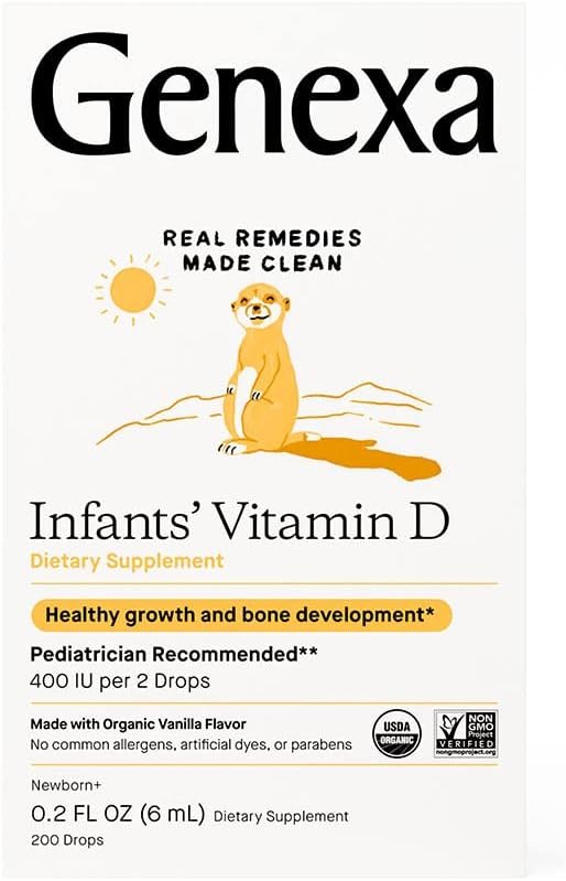 Genexa Infants Vitamin D Liquid Drops for Baby  Toddler | USDA Organic Vitamin D3 for Newborn | Immune Support  Bone Health | Vegan | Gluten Free | Non-GMO | 90 Servings