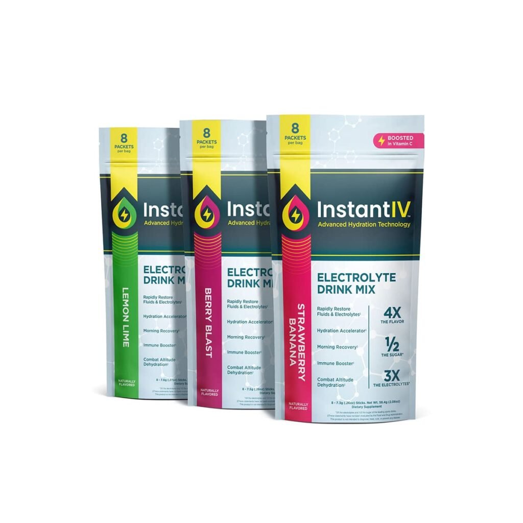 Instant IV Electrolytes Powder Drink Mix Multi Flavor Pack - Advanced Hydration Tech - Vegan  Gluten Free Quick IV Hydration Packets - Includes Lemon Lime, Berry Blast,  Strawberry Banana, 24ct Bulk