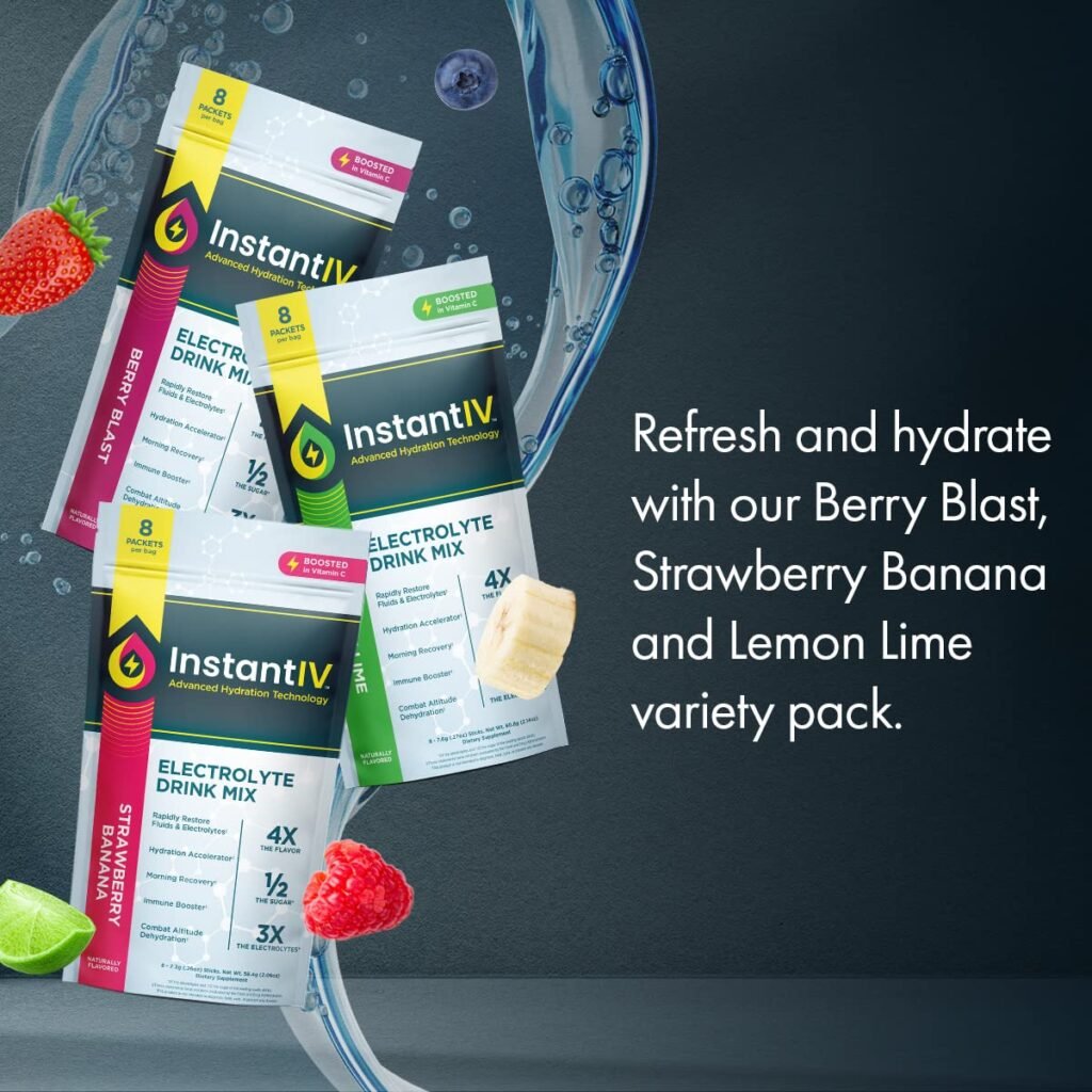 Instant IV Electrolytes Powder Drink Mix Multi Flavor Pack - Advanced Hydration Tech - Vegan  Gluten Free Quick IV Hydration Packets - Includes Lemon Lime, Berry Blast,  Strawberry Banana, 24ct Bulk