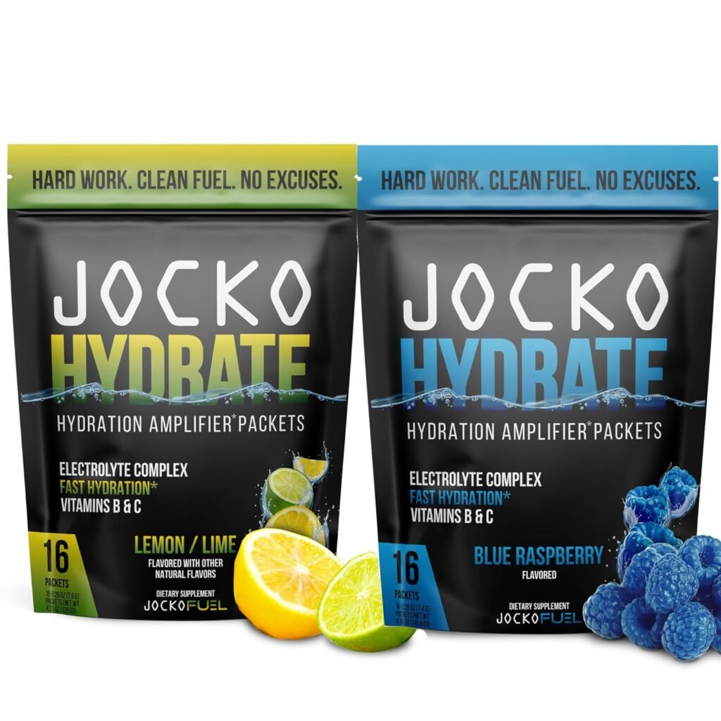 Jocko Fuel Hydrate Electrolytes Powder Packets No Sugar - Hydration Amplifier Packets for Recovery, Dehydration,  Exercise - with Vitamins B6, B12  C (32 Packets) (2 Pack Bundle)