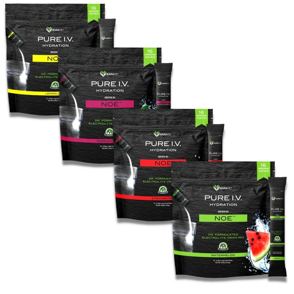 KaraMD Pure I.V. - Electrolyte Powder Drink Mix 4 Flavor Bundle – Delicious Hydrating Packets with Vitamins  Minerals – 1 Lemon Lime - 1 Strawberry Bag - 1 Passion Fruit - 1 Watermelon (64 Sticks)