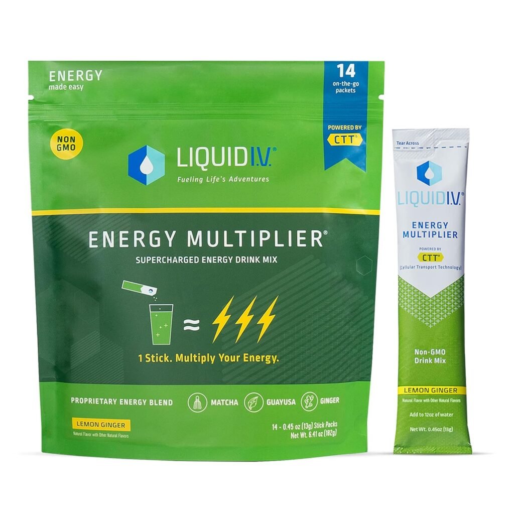 Liquid I.V. Hydration + Energy Multiplier - Lemon Ginger - Hydration Powder Packets | Electrolyte Drink Mix | Easy Open Single-Serving Stick | Non-GMO | 14 Sticks