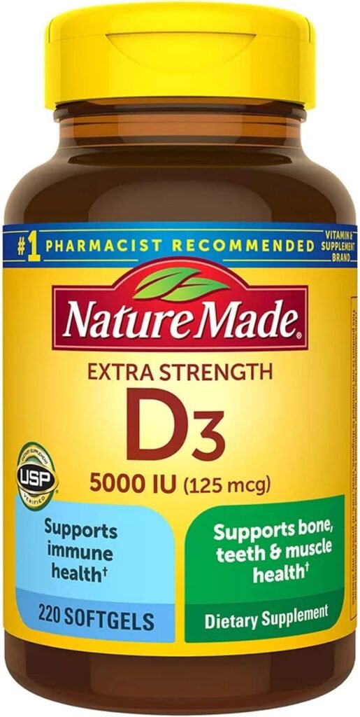 Nature Made Extra Strength Vitamin D3 5000 IU (125 mcg), Dietary Supplement for Bone, Teeth, Muscle and Immune Health Support, 360 Softgels, 360 Day Supply