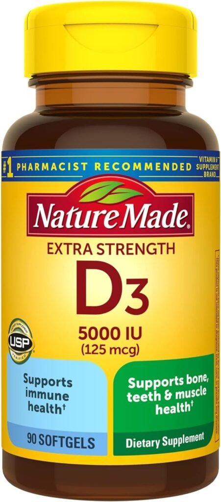 Nature Made Extra Strength Vitamin D3 5000 IU (125 mcg), Dietary Supplement for Bone, Teeth, Muscle and Immune Health Support, 360 Softgels, 360 Day Supply