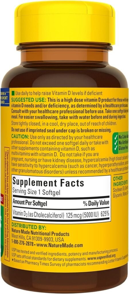 Nature Made Extra Strength Vitamin D3 5000 IU (125 mcg), Dietary Supplement for Bone, Teeth, Muscle and Immune Health Support, 360 Softgels, 360 Day Supply