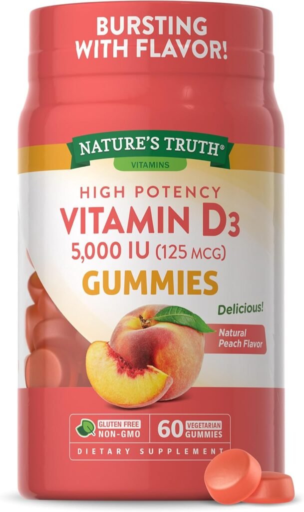 Natures Truth Vitamin D3 Gummies | 5000 IU | 60 Count | Vegetarian, Non-GMO  Gluten Free Supplement | Natural Peach Flavor