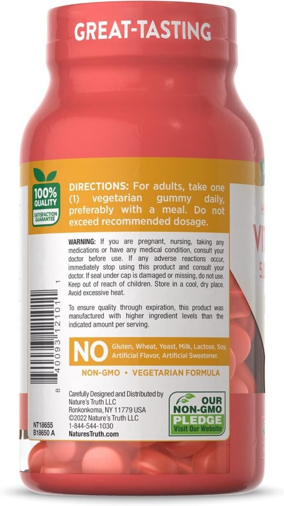 Natures Truth Vitamin D3 Gummies | 5000 IU | 60 Count | Vegetarian, Non-GMO  Gluten Free Supplement | Natural Peach Flavor