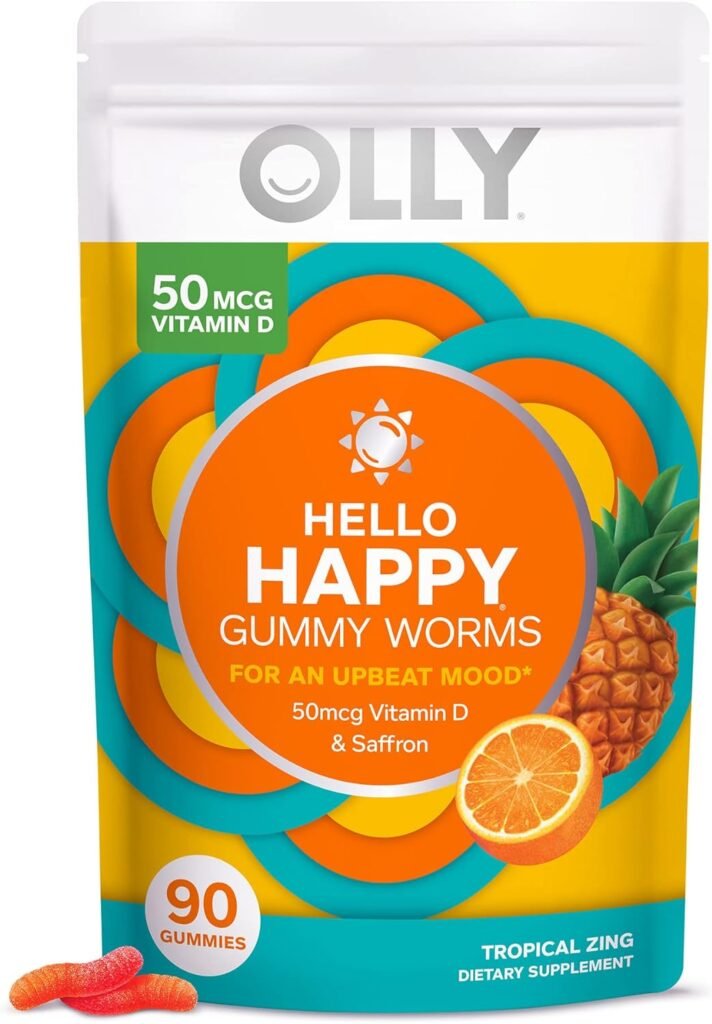 OLLY Hello Happy Gummy Worms, Mood Balance Support, Vitamin D, Saffron, Adult Chewable Supplement, Tropical Zing - 90 Count