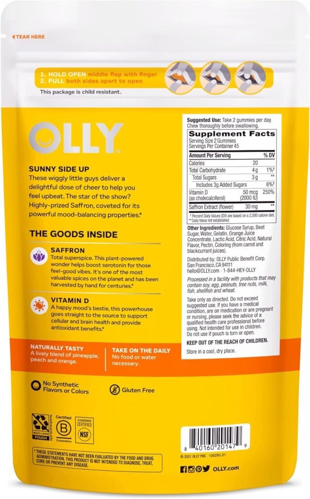 OLLY Hello Happy Gummy Worms, Mood Balance Support, Vitamin D, Saffron, Adult Chewable Supplement, Tropical Zing - 90 Count