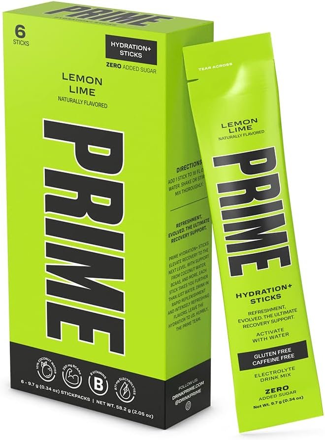 PRIME HYDRATION+ Sticks LEMON LIME | Hydration Powder Single Serve Sticks | Electrolyte Powder On The Go | Low Sugar | Caffeine-Free | Vegan | 6 Sticks