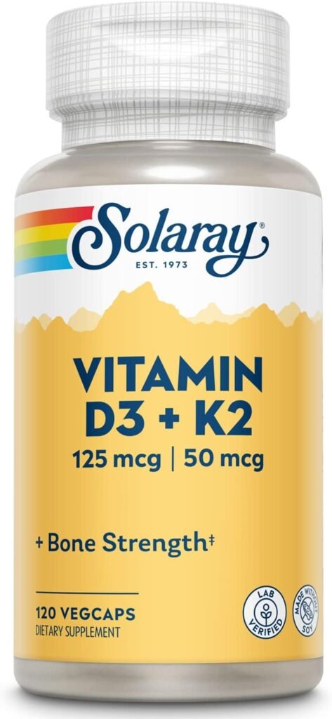 SOLARAY Vitamin D3 + K2, D  K Vitamins for Calcium Absorption and Support for Healthy Cardiovascular System  Arteries, Non-GMO  No Soy (120 Servings, 120 VegCaps)