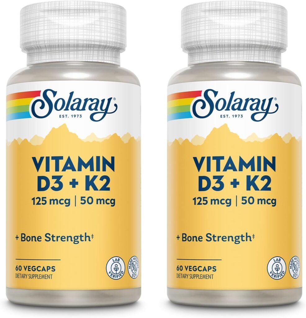 SOLARAY Vitamin D3 + K2, D  K Vitamins for Calcium Absorption and Support for Healthy Cardiovascular System  Arteries, Non-GMO  No Soy (120 Servings, 120 VegCaps)