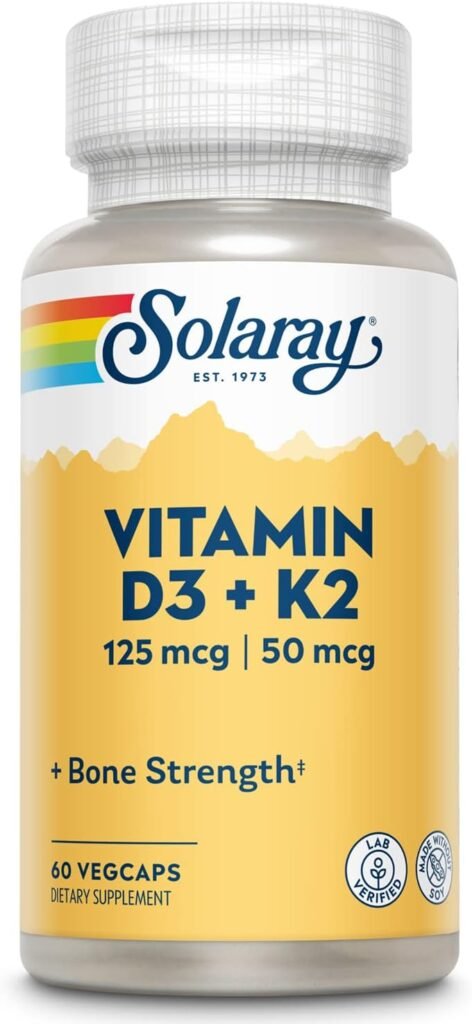 SOLARAY Vitamin D3 + K2, D  K Vitamins for Calcium Absorption and Support for Healthy Cardiovascular System  Arteries, Non-GMO  No Soy (120 Servings, 120 VegCaps)