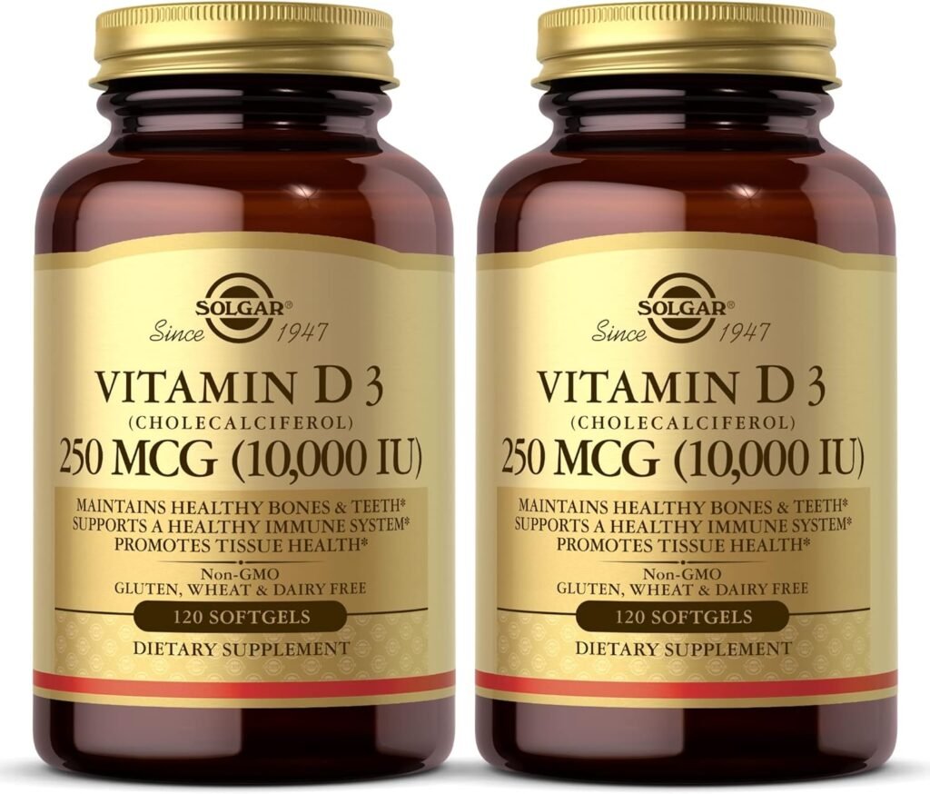 SOLGAR Vitamin D3 (Cholecalciferol) 250 MCG (10,000 IU), 120 Softgels - 2 Pack - Helps Maintain Healthy Bones  Teeth - Immune System Support - Non-GMO, Gluten Free, Dairy Free - 120 Servings