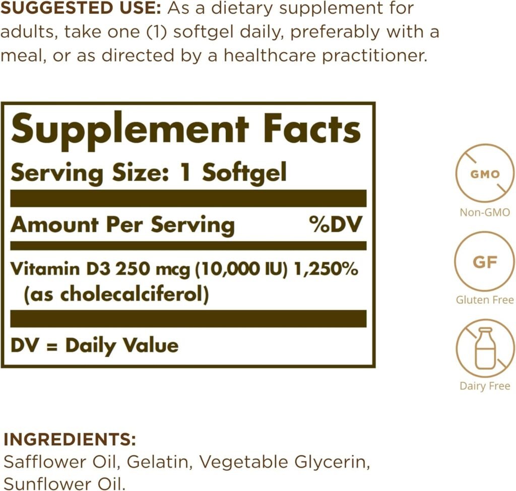 SOLGAR Vitamin D3 (Cholecalciferol) 250 MCG (10,000 IU), 120 Softgels - 2 Pack - Helps Maintain Healthy Bones  Teeth - Immune System Support - Non-GMO, Gluten Free, Dairy Free - 120 Servings