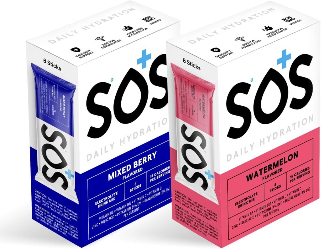 SOS Hydration Electrolyte Powder Drink Mix Packets | Daily Hydration  Energy | Added Essential Vitamins | Low Sugar | 16 Stick Packs (Watermelon  Mixed Berry Bundle)