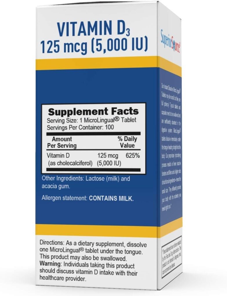 Superior Source Vitamin D3 1000 IU, Quick Dissolve MicroLingual Tablets, 100 Count, Helps Promote Strong Bones and Teeth, Immune Support, Helps Maintain Healthy Muscle Function, Non-GMO