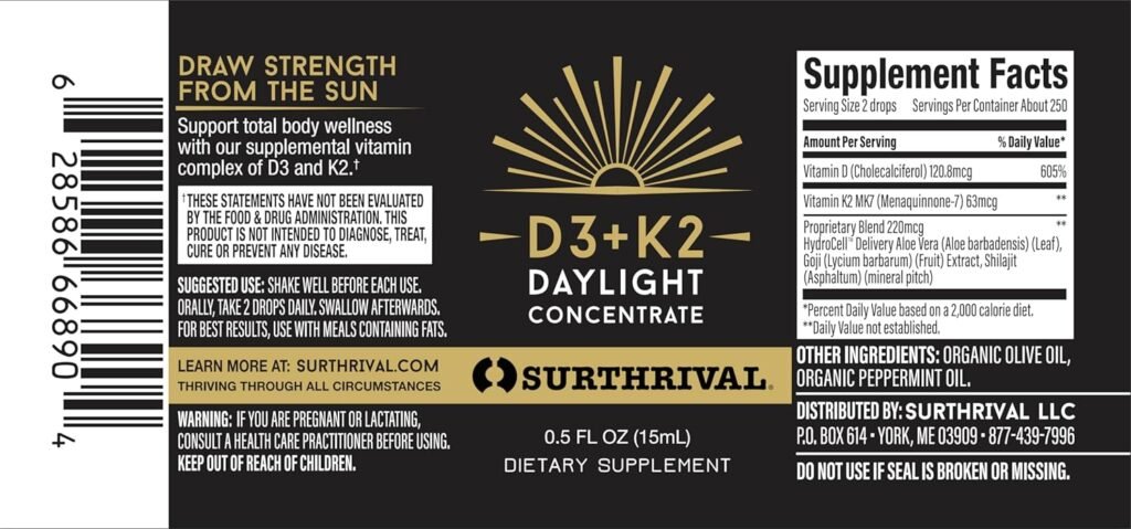 Surthrival: Vitamin D3+K2 Daylight Concentrate, AKA The Sunshine Vitamin, 0.5 oz, Approx. 270 Servings, Supports Immune, Cardiovascular  Bone Health