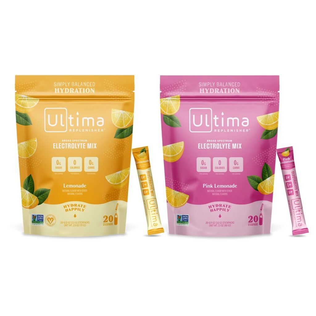 Ultima Replenisher Hydration Electrolyte Powder- Keto  Sugar Free- On The Go Convenience Bundle- Feel Replenished, Revitalized- Lemonade and Pink Lemonade Variety Stickpacks