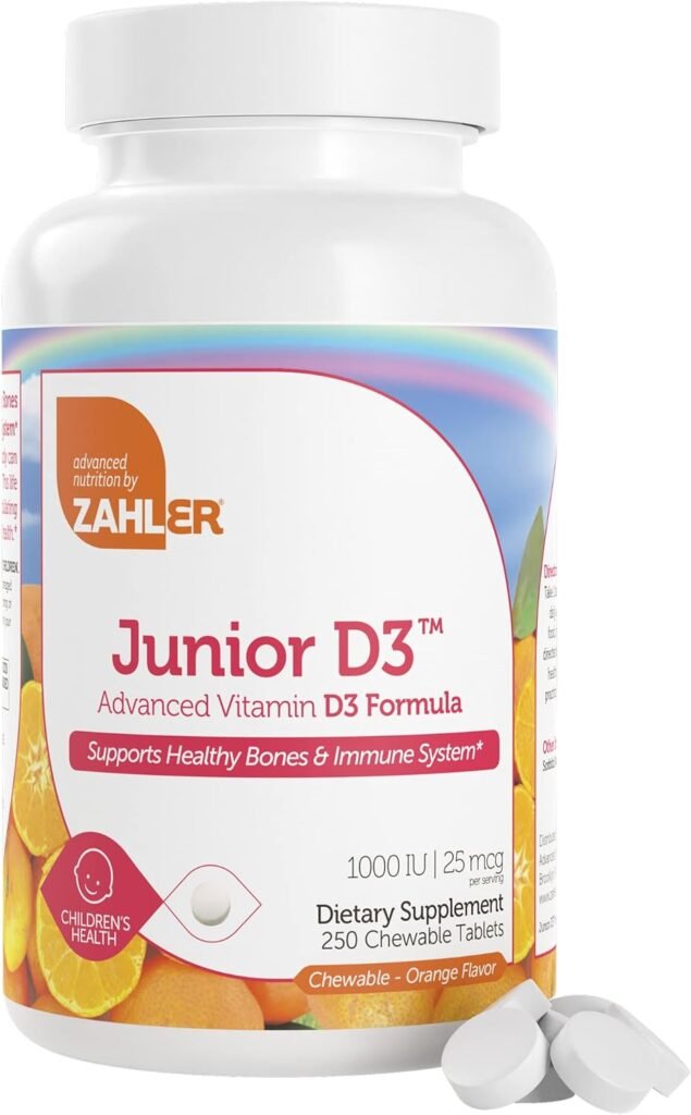 Zahler Junior D3 Vitamins 1000 IU - Chewable Vitamin D3 for Kids - Vitamin D for Kids to Support Bone, Teeth  Immune Health - Kosher Kids Vitamin D3 Orange Flavor - D3 Vitamins for Kids (250 Count)