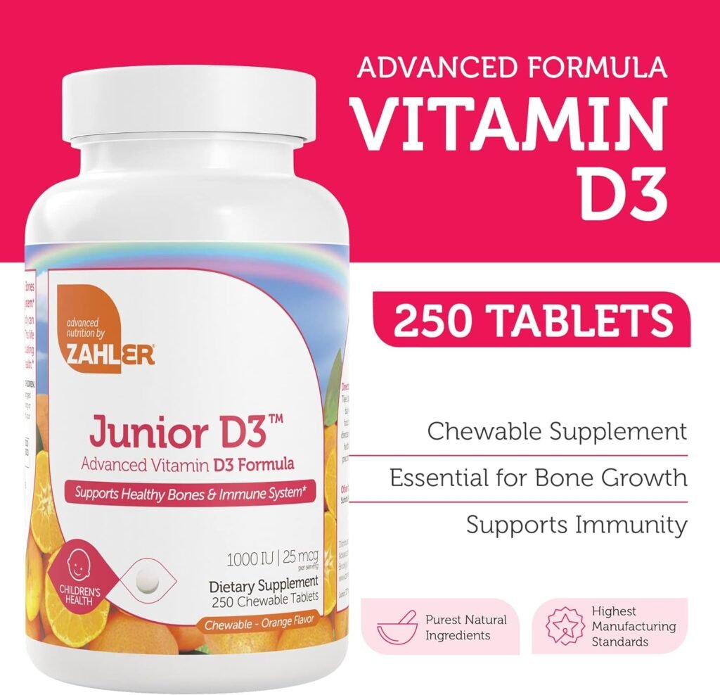 Zahler Junior D3 Vitamins 1000 IU - Chewable Vitamin D3 for Kids - Vitamin D for Kids to Support Bone, Teeth  Immune Health - Kosher Kids Vitamin D3 Orange Flavor - D3 Vitamins for Kids (250 Count)